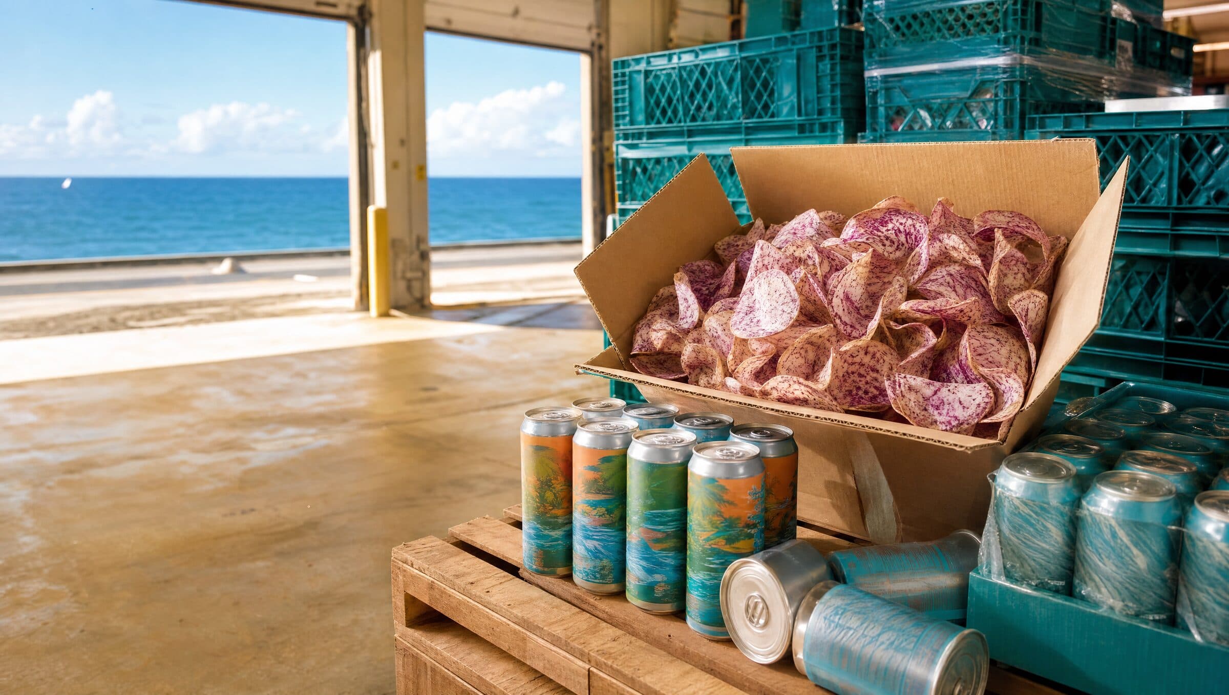 Cases of taro chips and canned drinks on the Honolulu dock